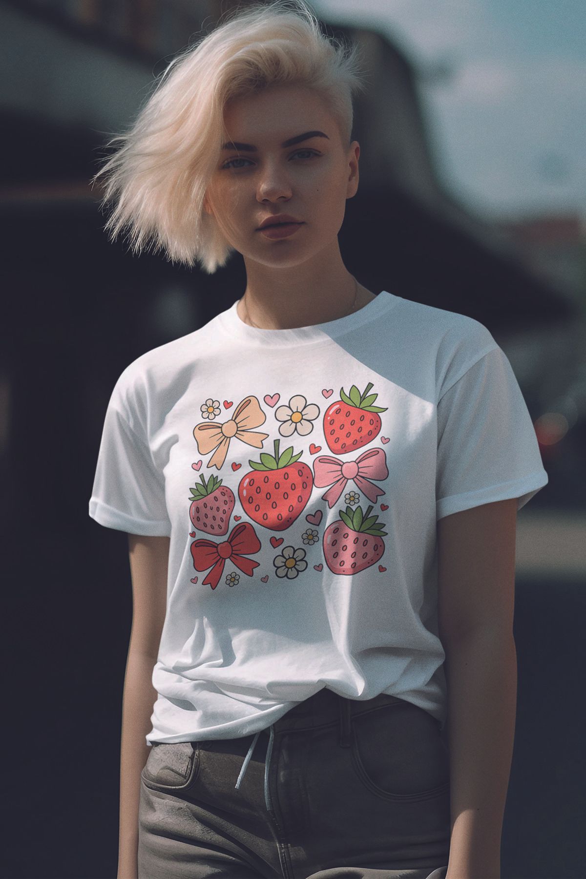 qoeuyl boutique Çilek Ve Kurdele No:3 Baskılıyaz Temalı Unisex Regular Fit Pamuklu Beyaz Tişört