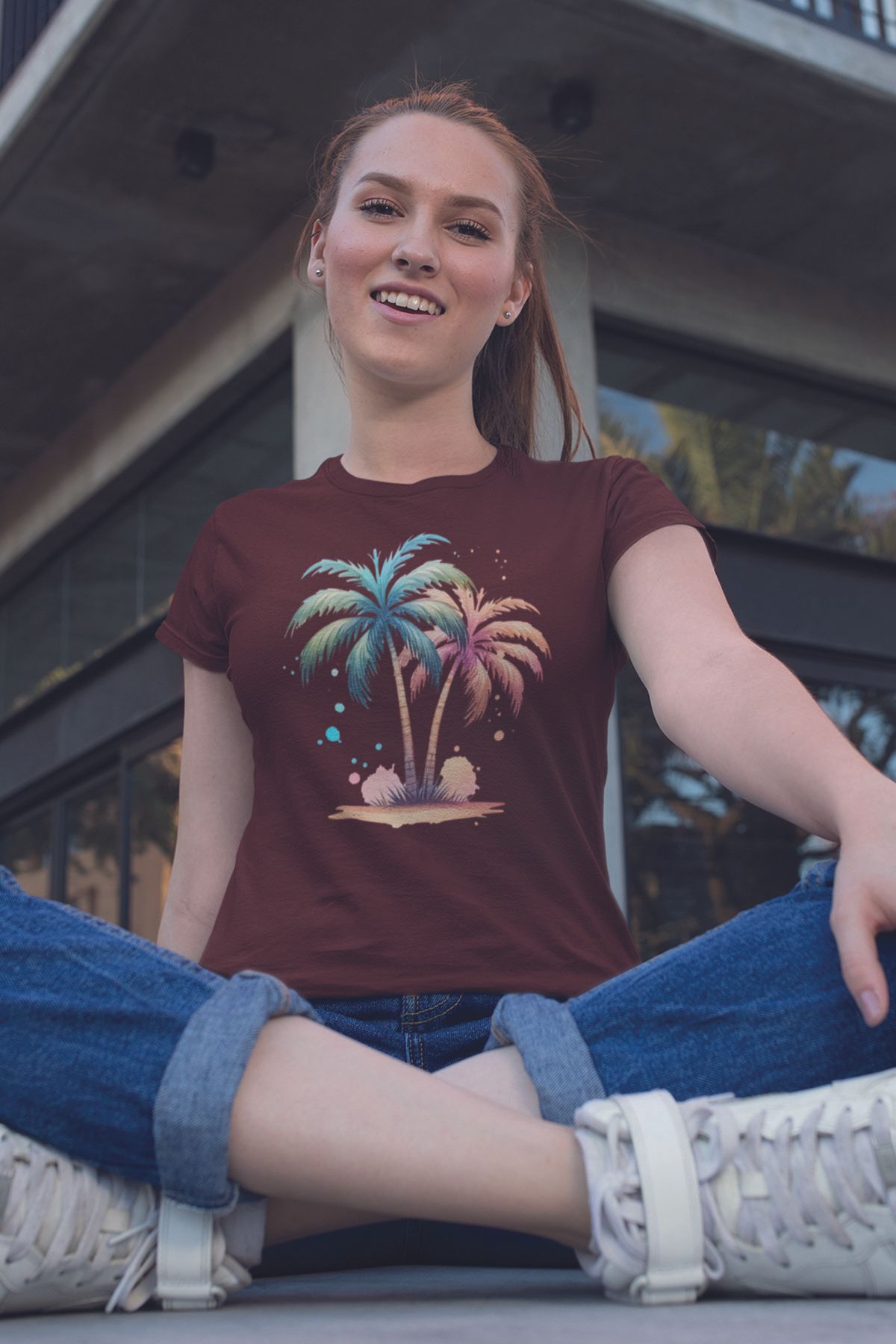qoeuyl boutique Tropikal Palmiyeler Baskılıyaz Temalı Unisex Regular Fit Pamuklu Bordo Tişört