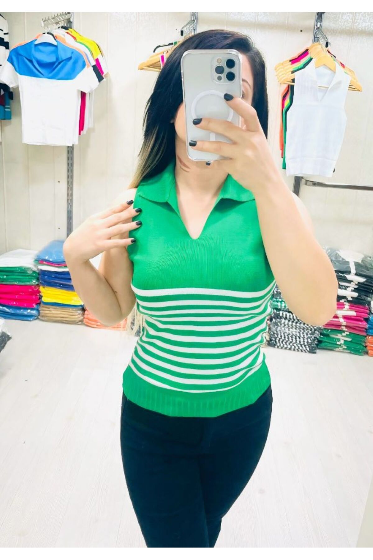Butik ZEYOO COLLECTİON Kadın Polo Yaka Çizgi Detaylı Bluz