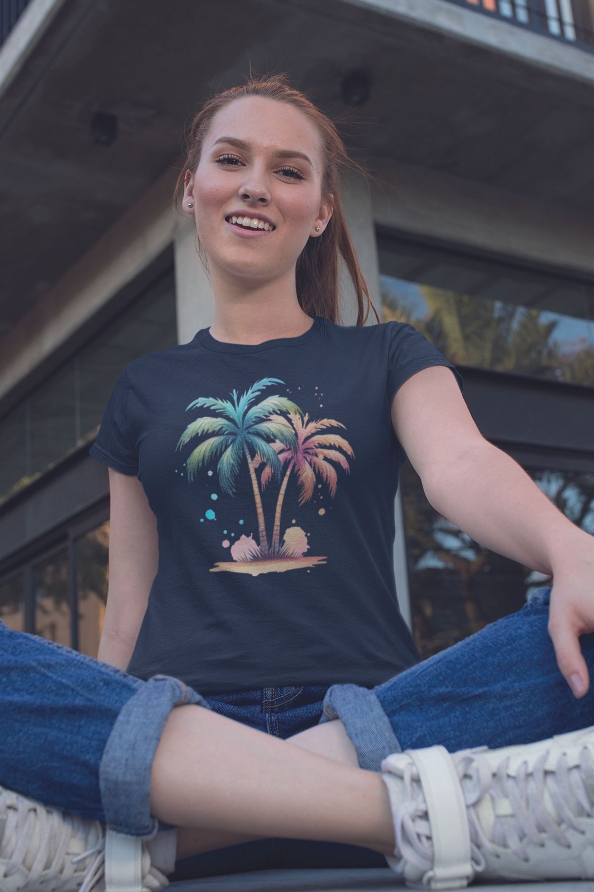 qoeuyl boutique Tropikal Palmiyeler Baskılıyaz Temalı Unisex Regular Fit Pamuklu Lacivert Tişört