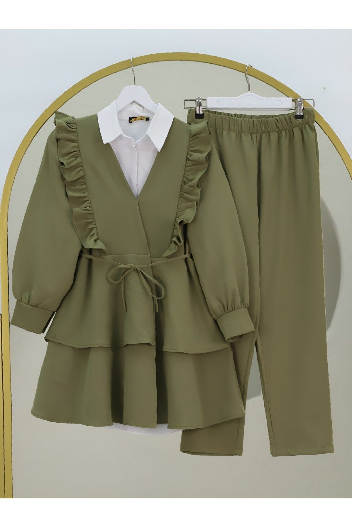Lucia Fashion Fırfırlı Kuşaklı Tunik Pantolon İkili Takım