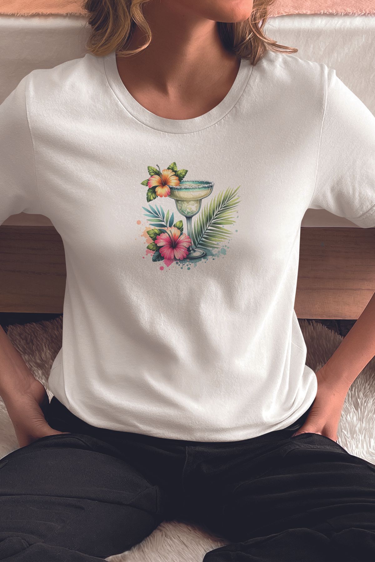 qoeuyl boutique Margarita Kokteyl Ve Tropikal Çiçek Baskılıyaz Temalı Unisex Regular Fit Pamuklu Beyaz Tişört