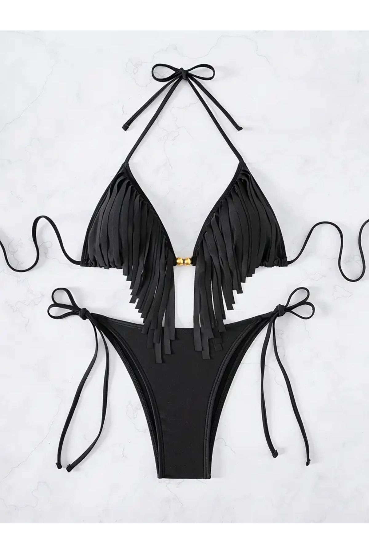 İthal Kadın Püskül Detaylı Siyah Bikini Takımı