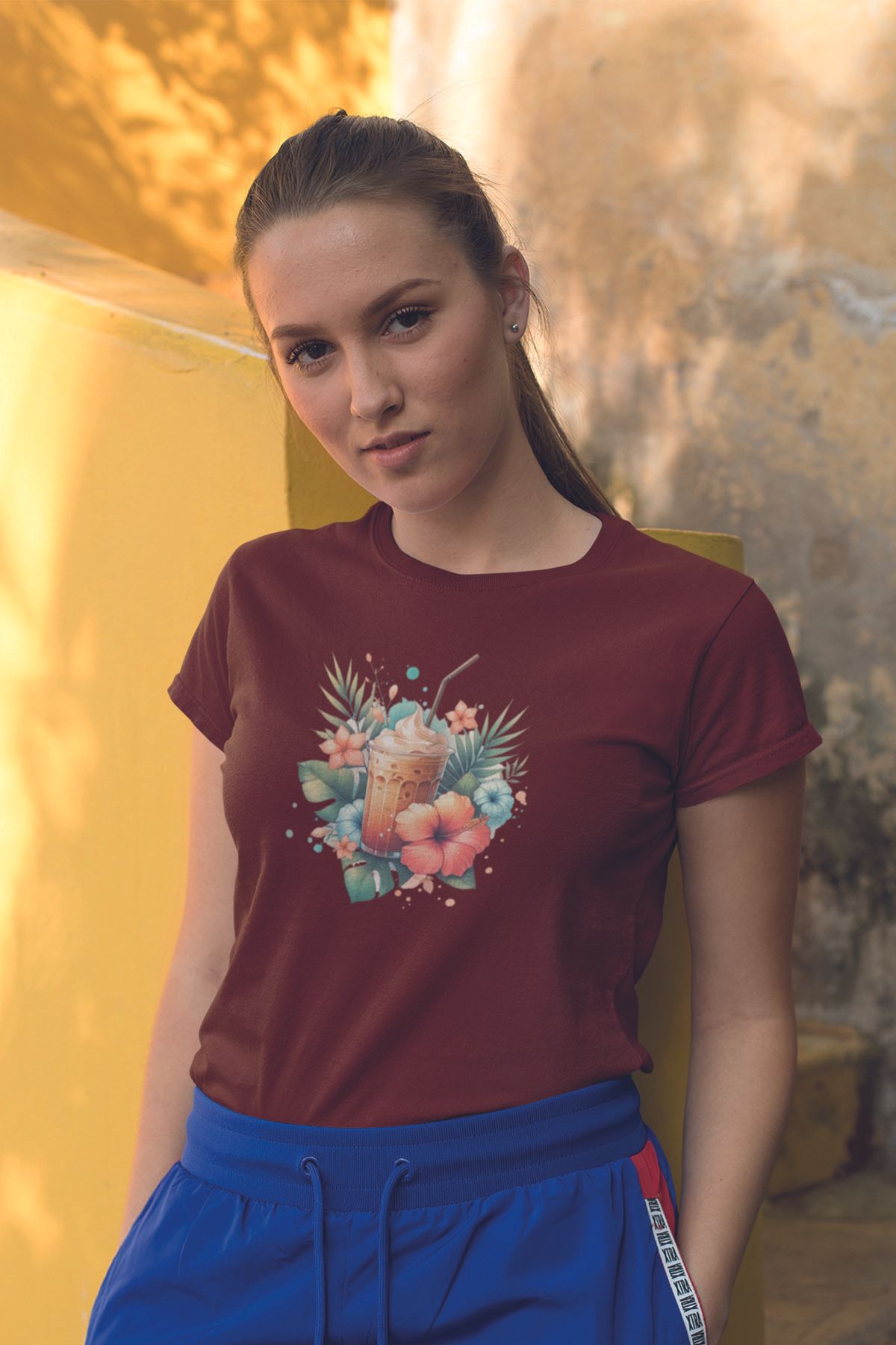 qoeuyl boutique Yaz Kokteyli Baskılıyaz Temalı Unisex Regular Fit Pamuklu Bordo Tişört