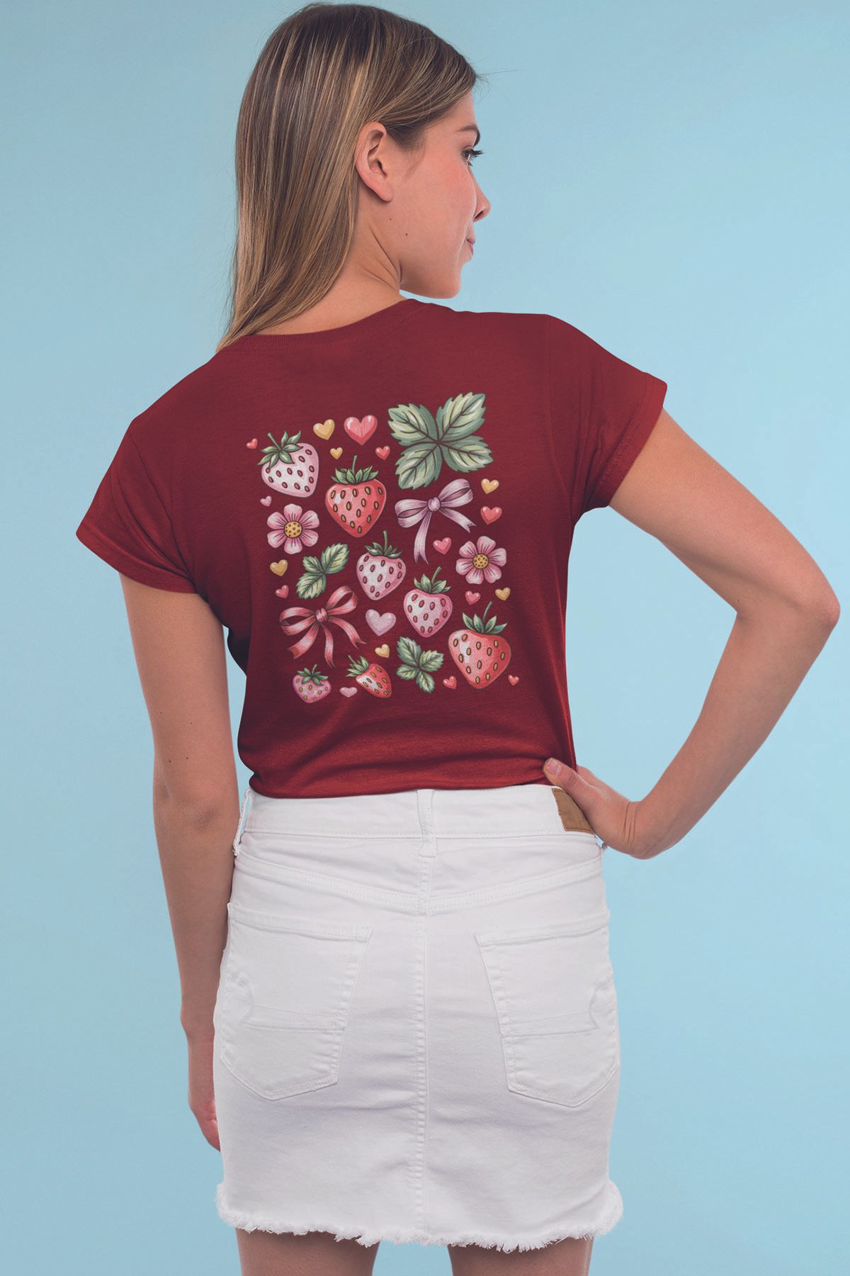 qoeuyl boutique Çilek Ve Kurdele No:1 Baskılıyaz Temalı Unisex Regular Fit Pamuklu Bordo Tişört
