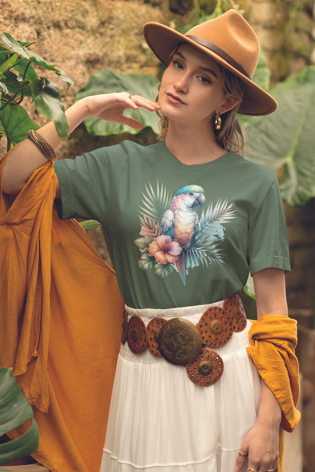 qoeuyl boutique Tropikal Papağan Baskılıyaz Temalı Unisex Regular Fit Pamuklu Yeşil Tişört