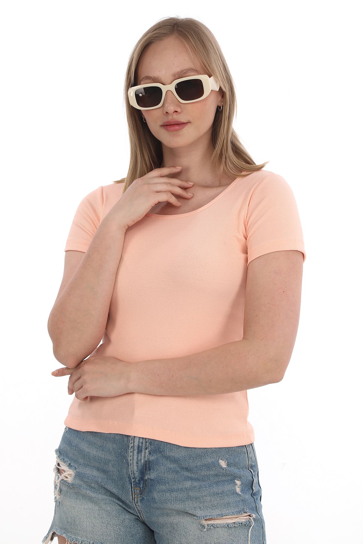 monox Kadın Fitilli Likralı Pamuk Basic Tshirt