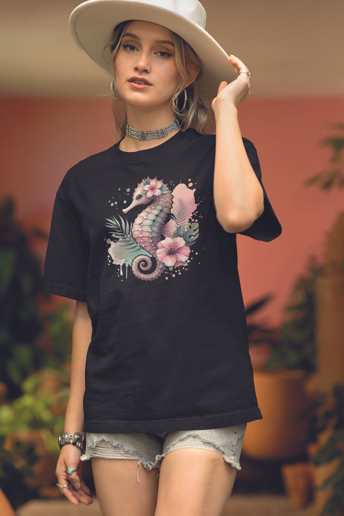 qoeuyl boutique Deniz Atı Baskılıyaz Temalı Unisex Regular Fit Pamuklu Siyah Tişört