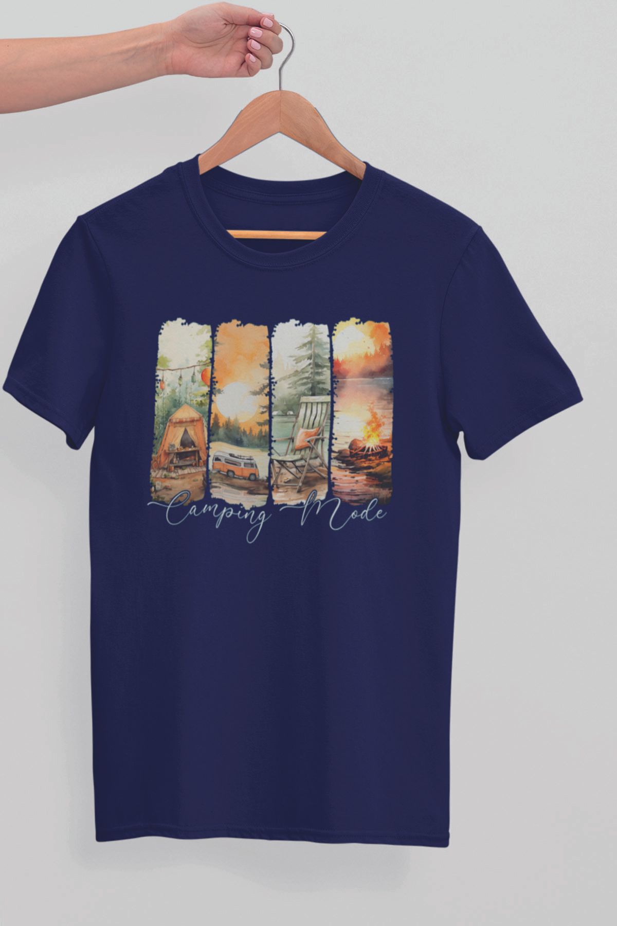 qoeuyl boutique Camping Mode Baskılıyaz Temalı Unisex Regular Fit Pamuklu Lacivert Tişört