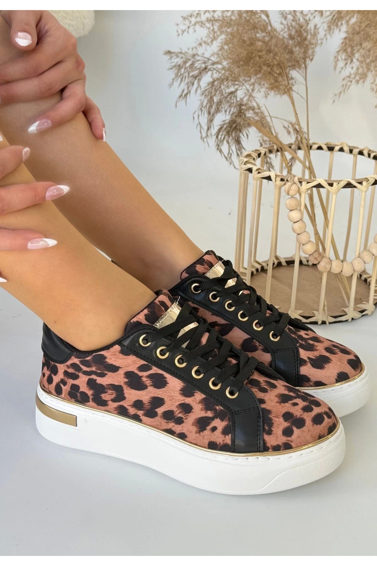 POLEXP Kity Leopar Saten Bağcıklı Spor Ayakkabı