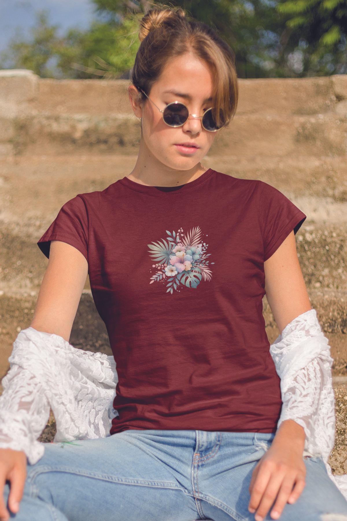 qoeuyl boutique Tropikal Çiçekler Baskılıyaz Temalı Unisex Regular Fit Pamuklu Bordo Tişört