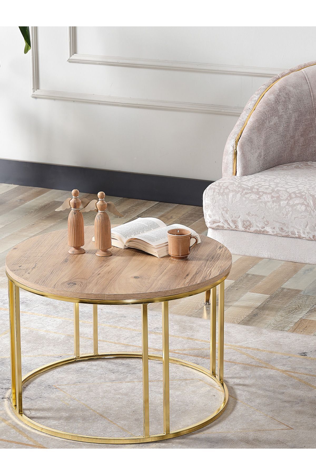 4 Lü Açık Ceviz Suntalam Gold Metal Ayaklı Cam C Model Sehpa Takımı (ZİGON VE ORTA)