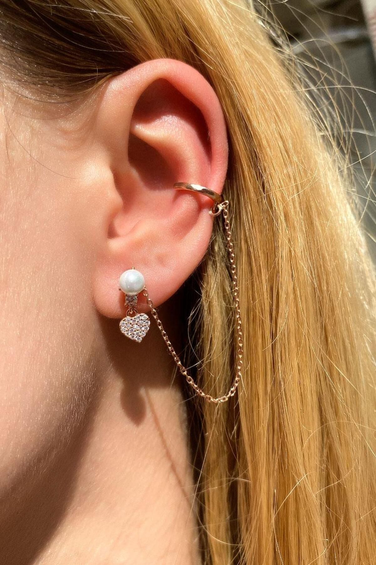 Spossy Silver Jewelry Tekli, İncili Kalp Kıkırdak Küpe
