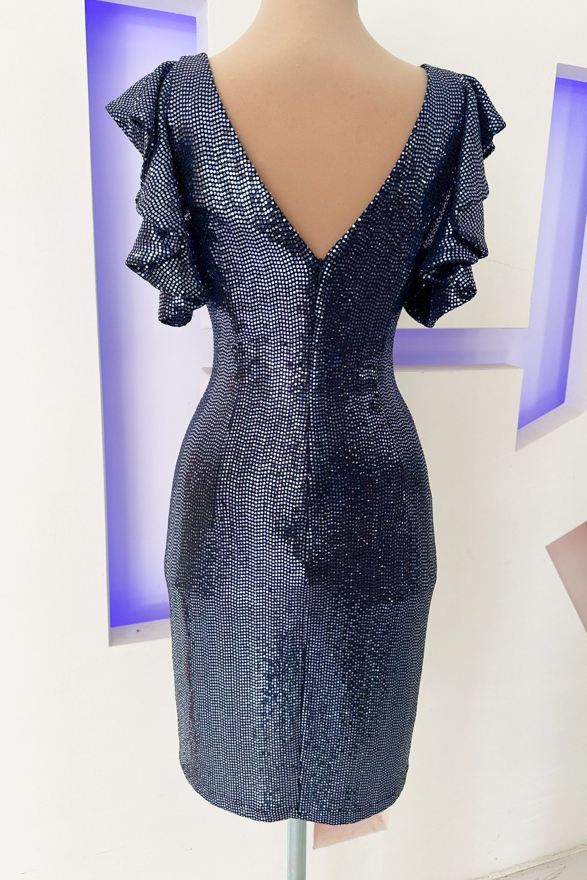 HalilModa Pul Payet İşlemeli Mavi Mini Abiye Elbise