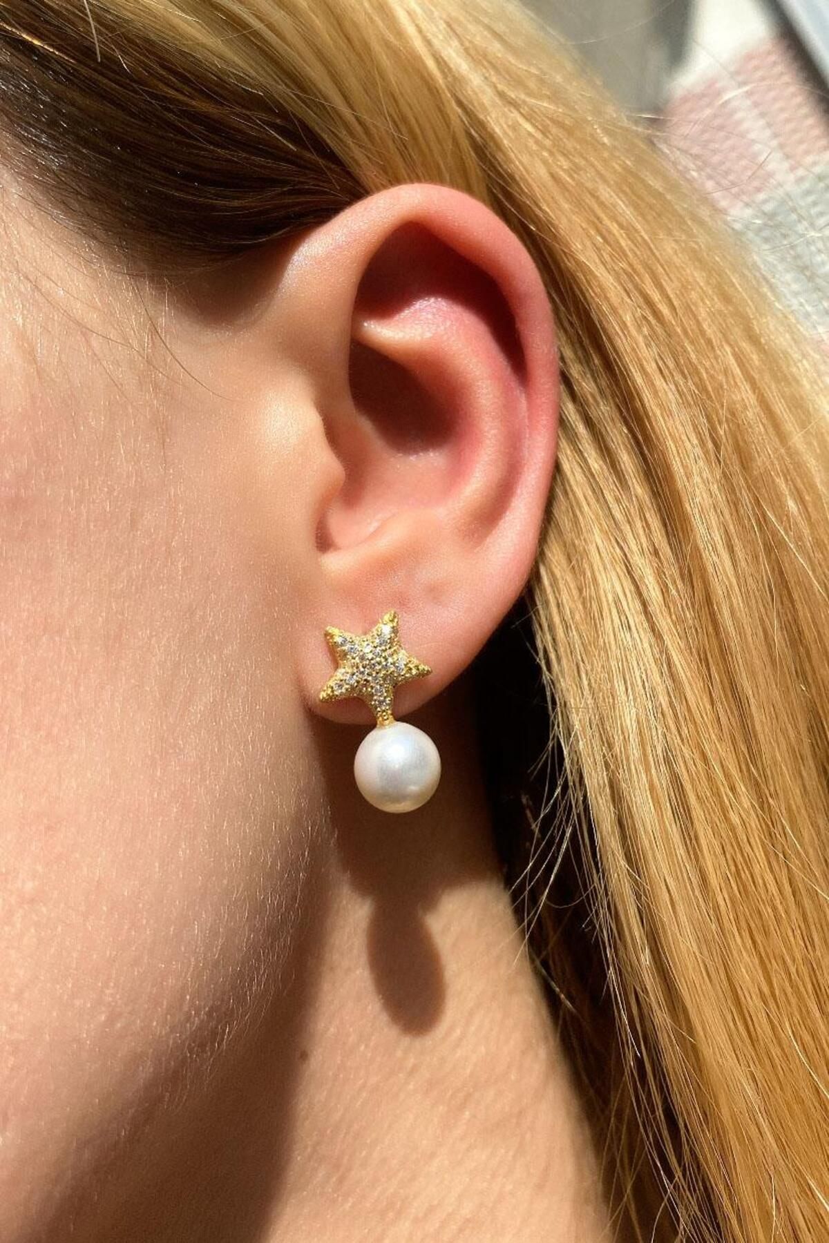 Spossy Silver Jewelry İncili Yıldız Küpe