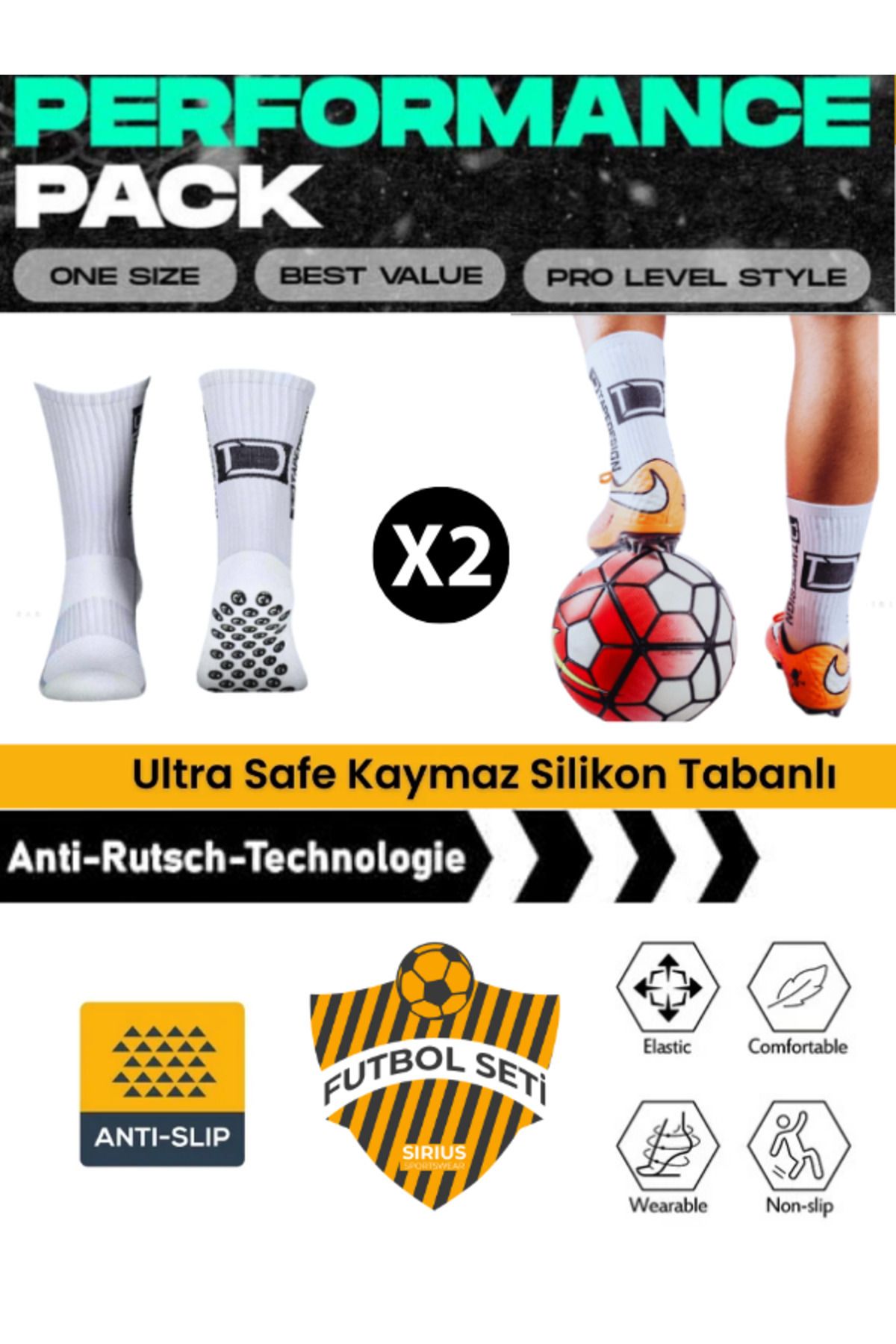 Bellanora 2 Çift Extra Strong Anti Kauçuk Kaymaz Taban Futbol,basketbol,tenis,yoga Antrenman Çorap