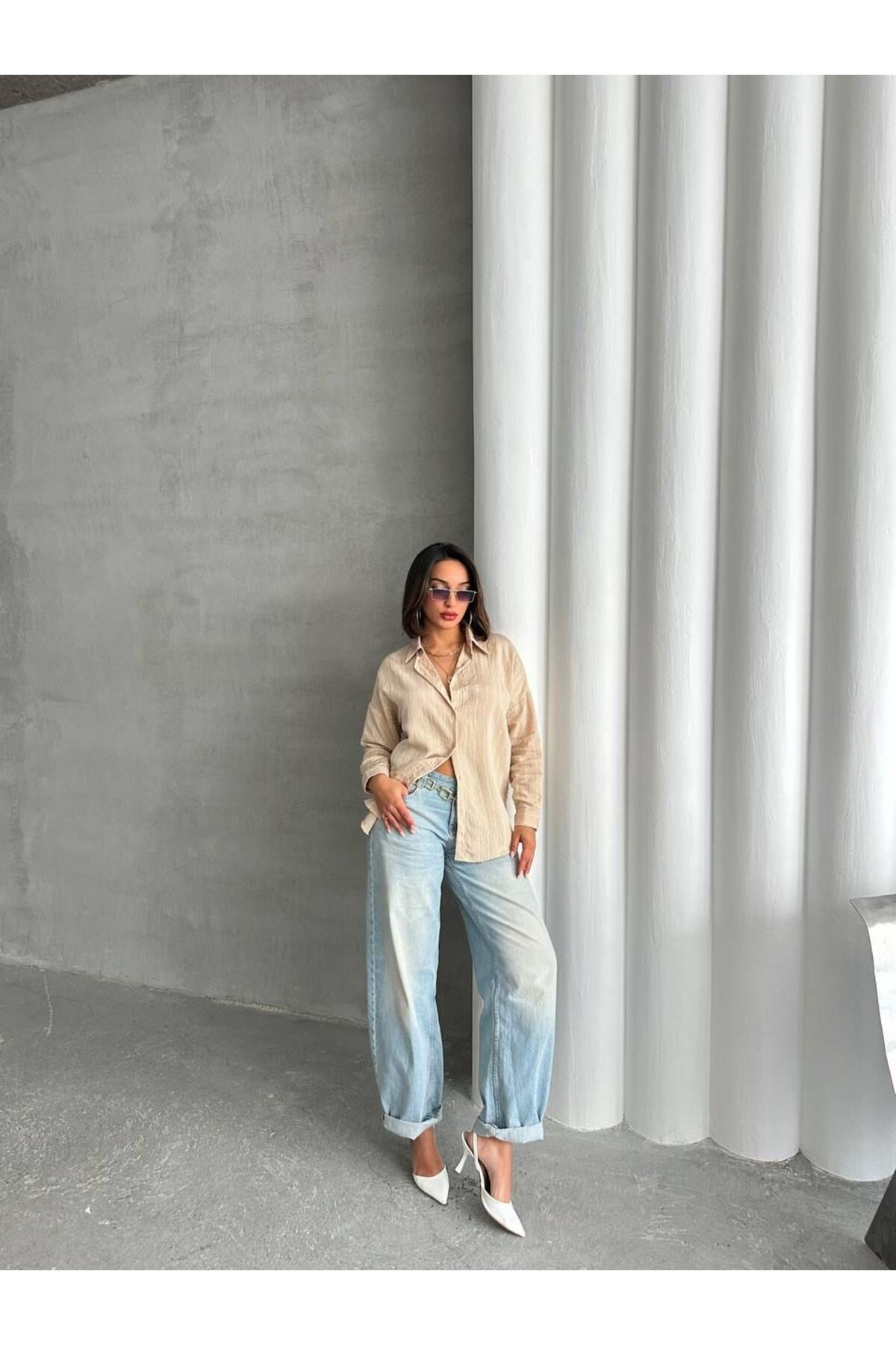 MODA ZRA MODEL BEJ ÇİZGİLİ GÖMLEK