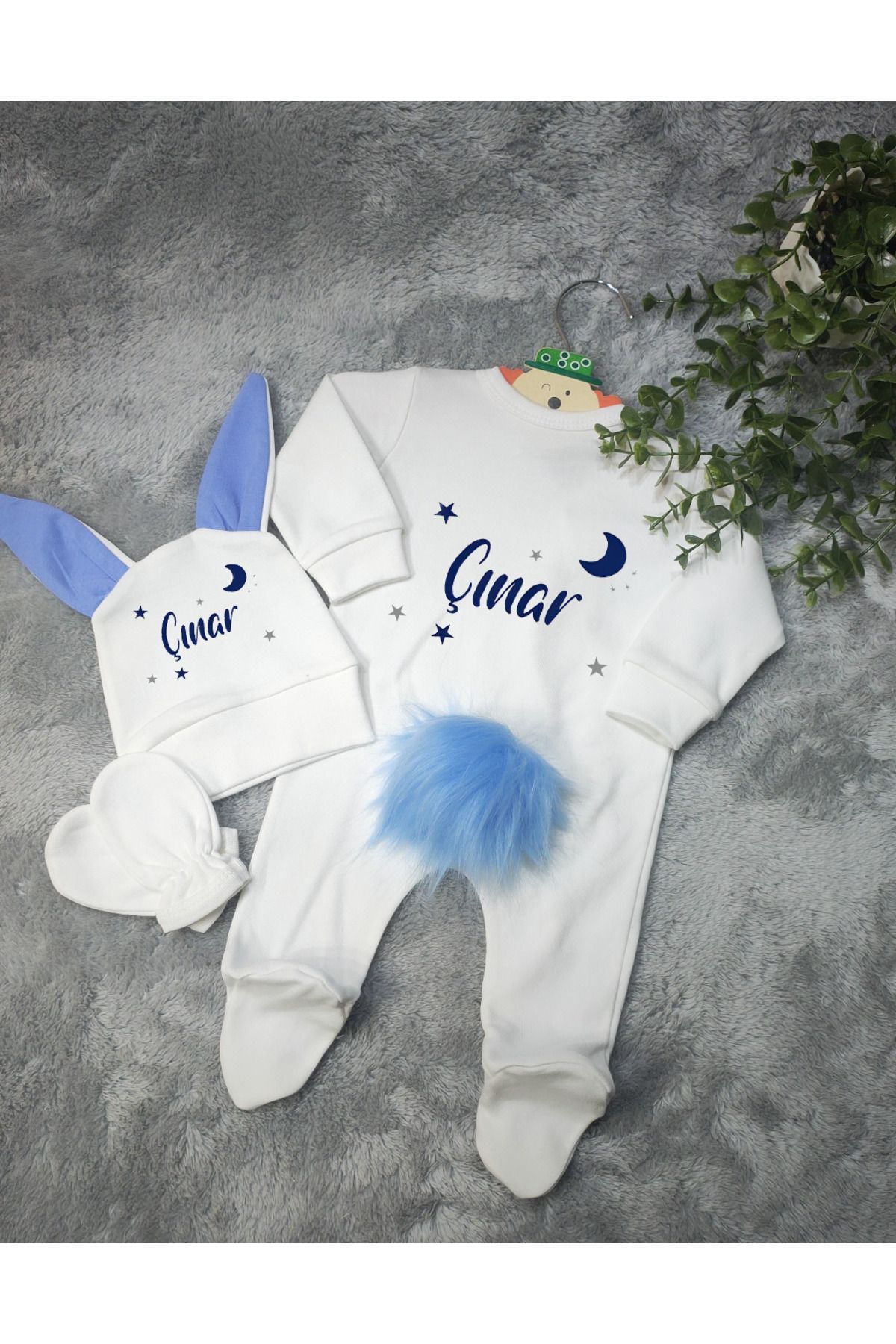 Moda Lime tavşan kulaklı ponponlu isme özel baskılı bebek 3 lü tulum seti