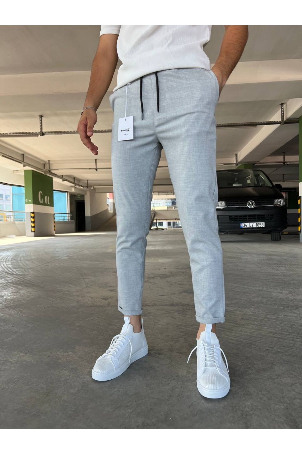 moda biz Erkek Siyah Jogger Beli Lastikli Bağcıklı Duble Paça Likralı Rahat Kalıp Pantolon