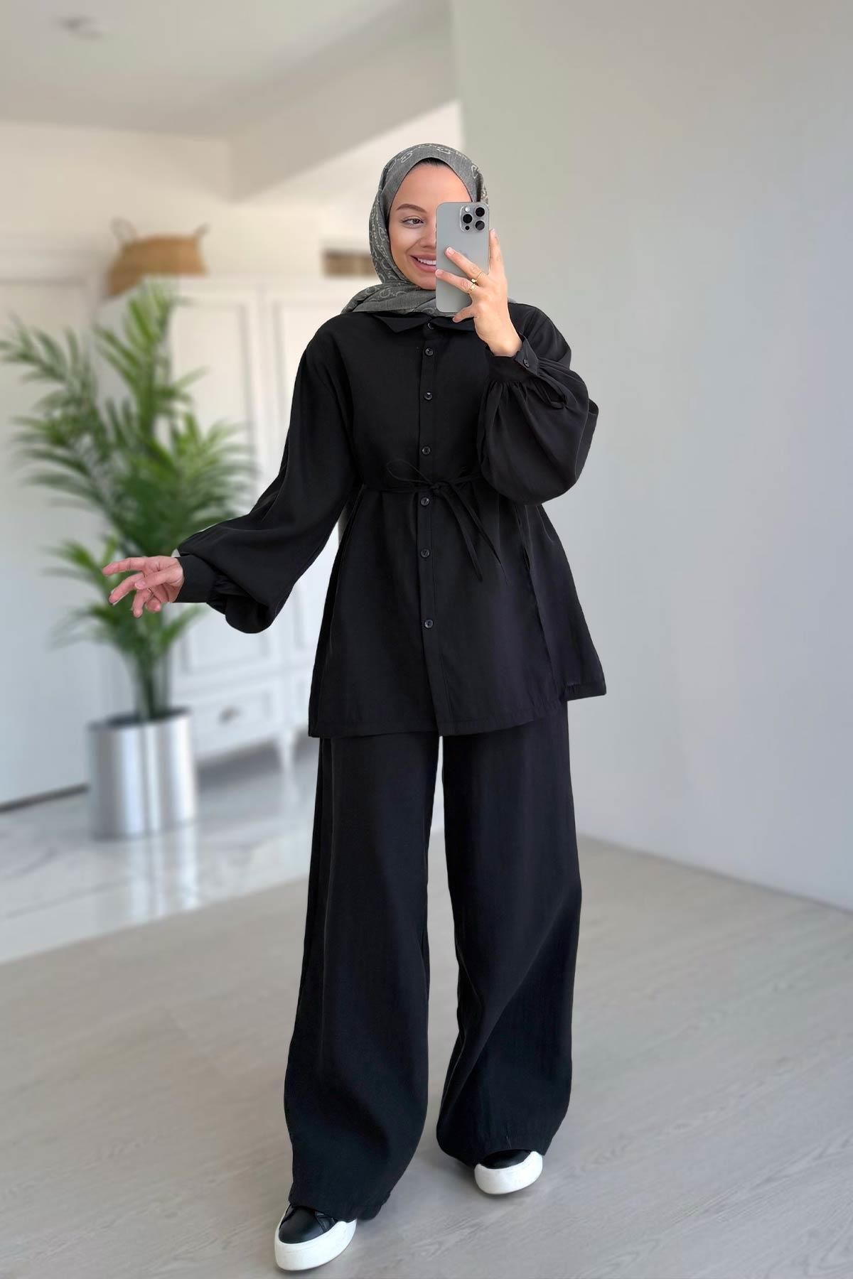 Ka Hijab Yırtmaç Detay Balon Kol Takım - Siyah