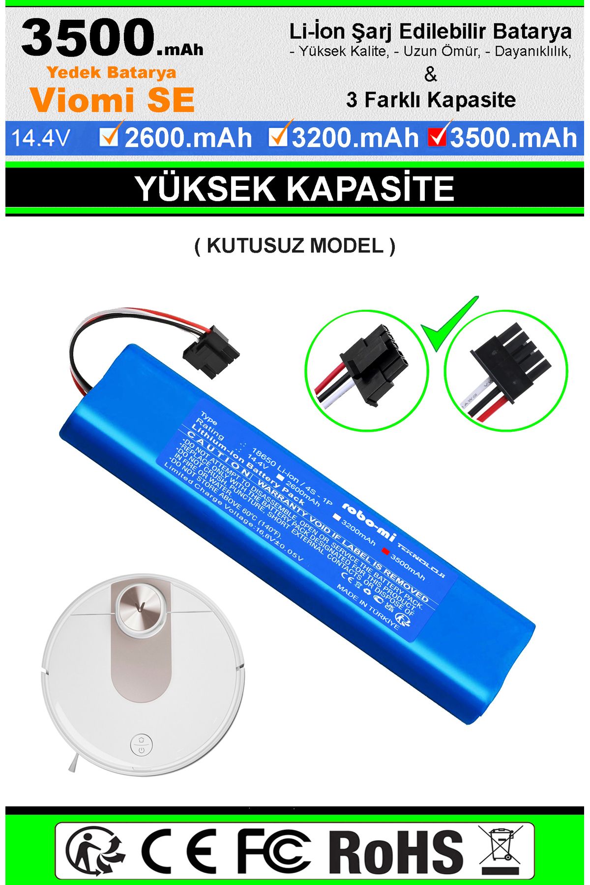 robo-mi Viomi Se Uyumlu Robot Süpürge Bataryası 14.4V 3500MAH (MAKSİMUM KAPASİTE)