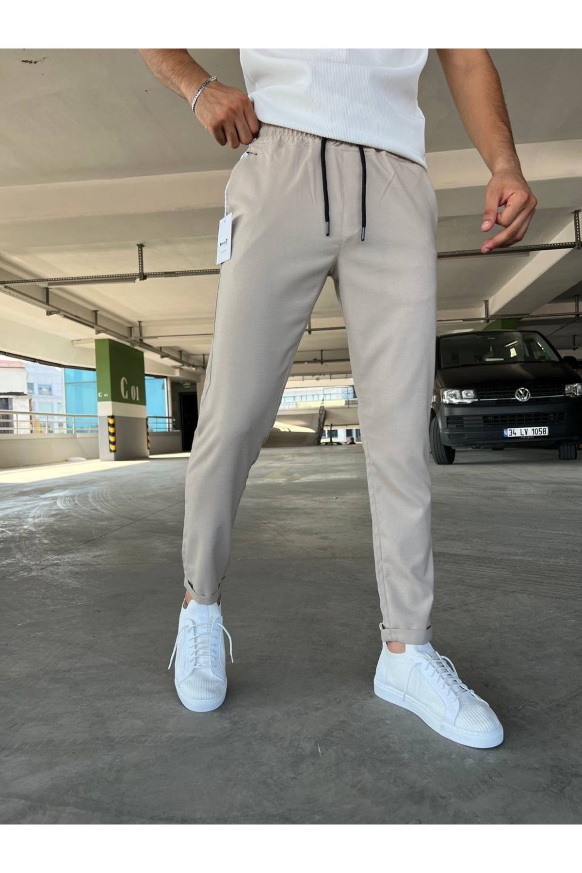 moda biz Erkek Siyah Jogger Beli Lastikli Bağcıklı Duble Paça Likralı Rahat Kalıp Pantolon