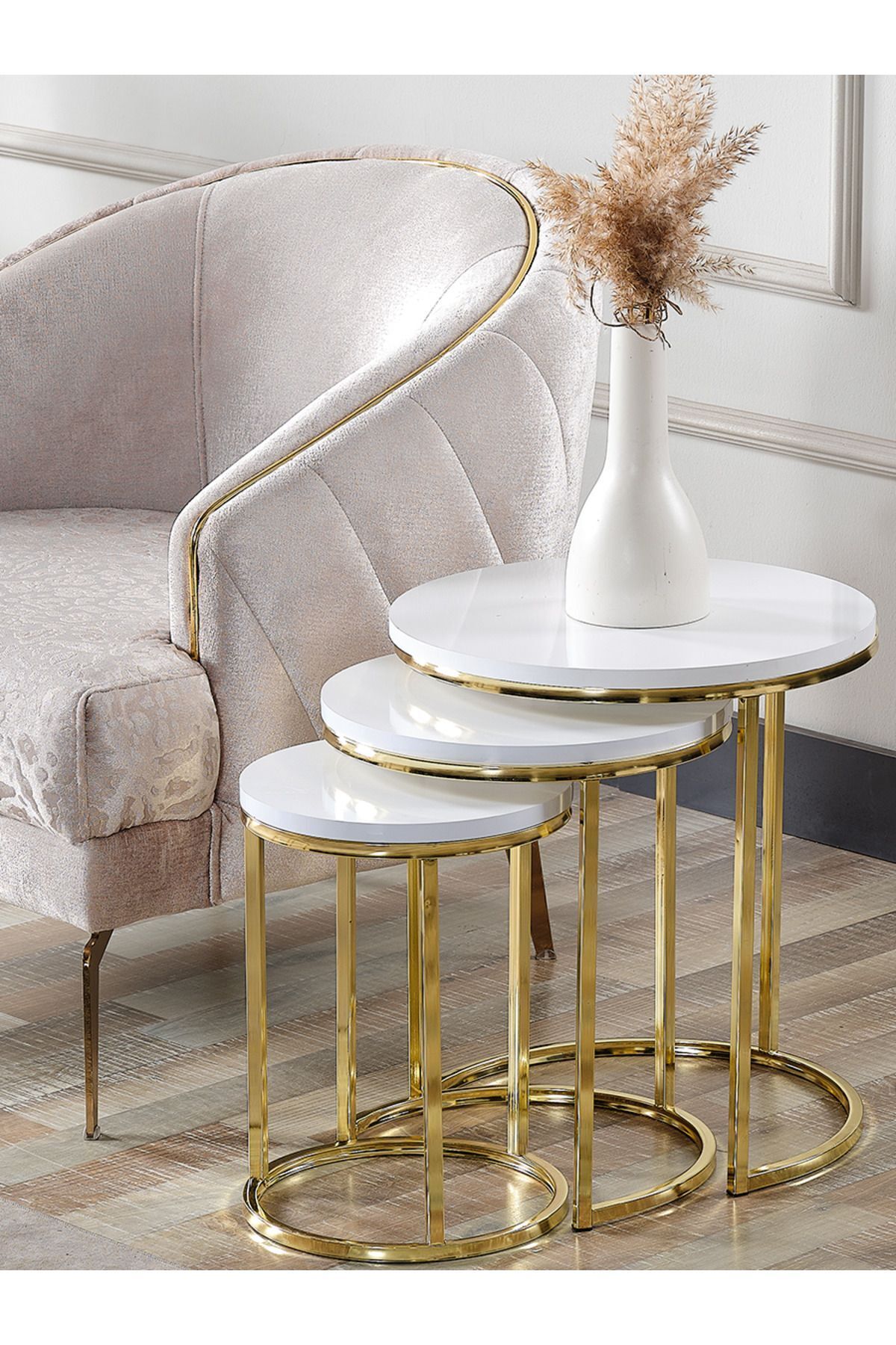 4 Lü Tam Beyaz Suntalam Gold Metal Ayaklı Cam C Model Sehpa Takımı (ZİGON VE ORTA)