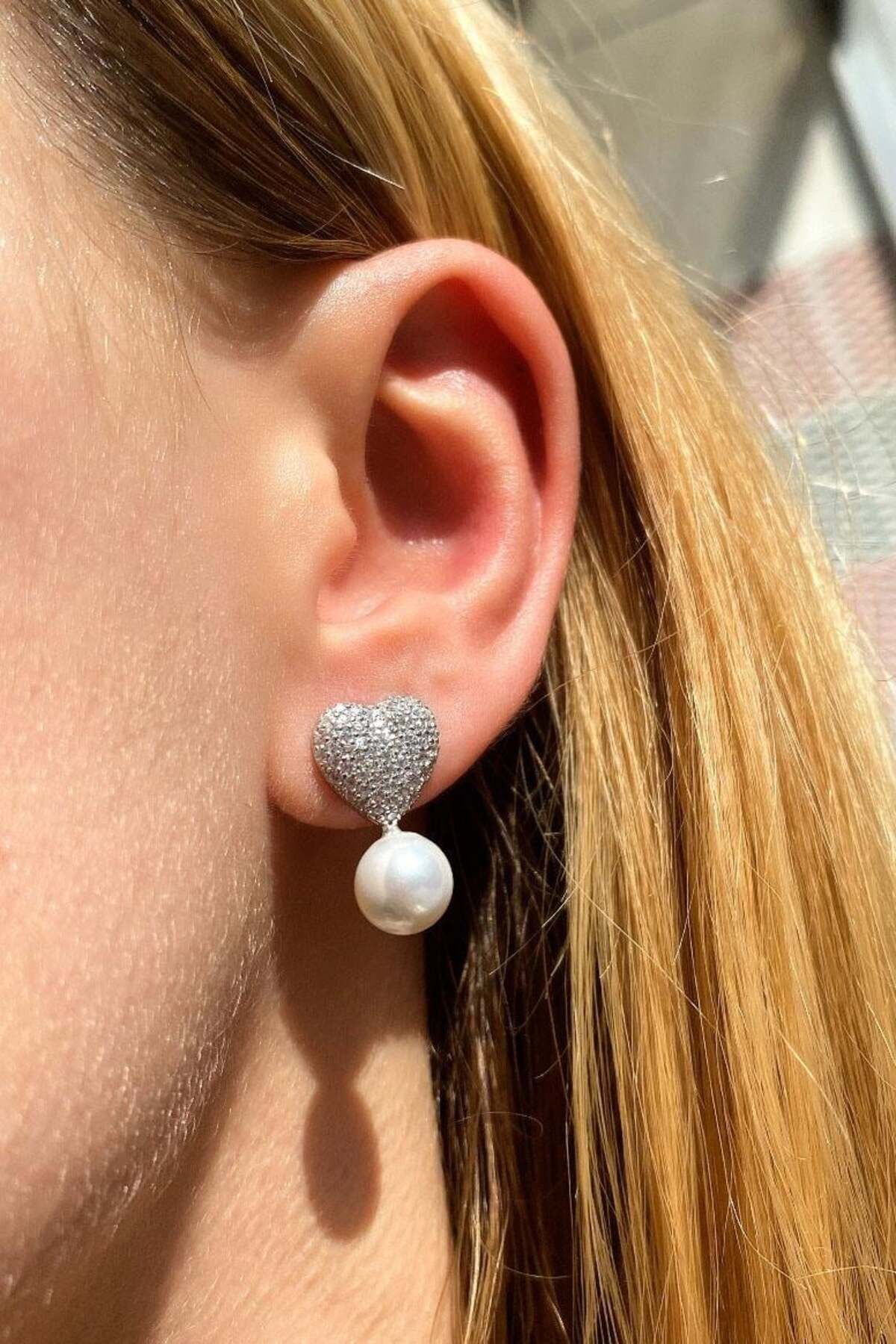 Spossy Silver Jewelry İncili Kalpli Küpe