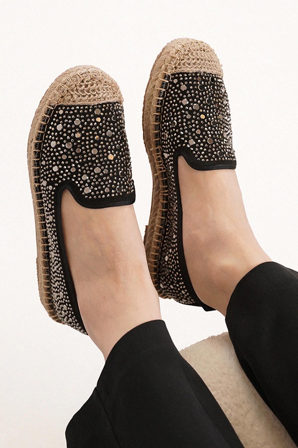Stilbagshoes LUCY İTHAL TAŞ DETAYLI ESPADRİL KADIN AYAKKABI SİYAH