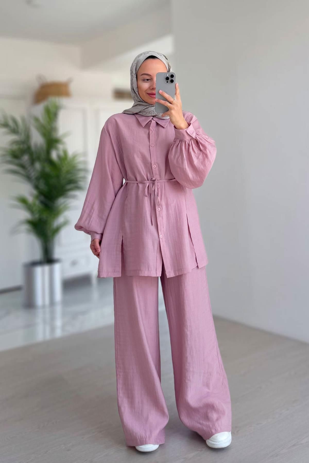 Ka Hijab Yırtmaç Detay Balon Kol Takım - Pembe