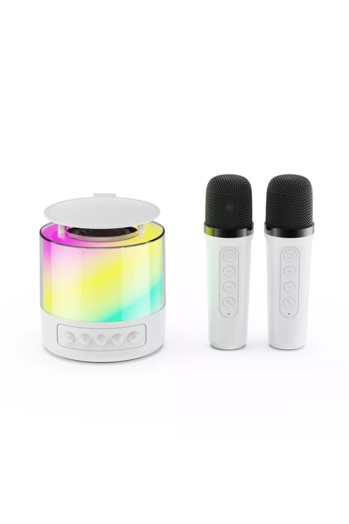 ABYZ-Speaker Set With 2 Microphones, Portable, With Rgb Effects, Round, Karaoke For Kids, Wireless, White 1