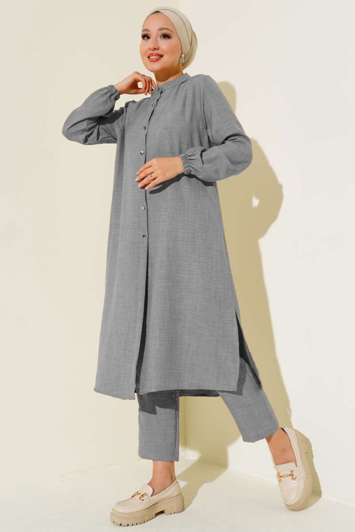Lucia Fashion Yırtmaç Detaylı Tunik Pantolon İkili Takım Gri