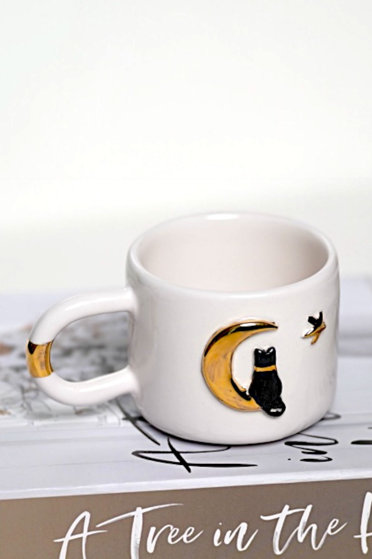 EL YAPIMI 24k Altın Süslemeli Ay ve Kedi Temalı El Yapımı Seramik Mug