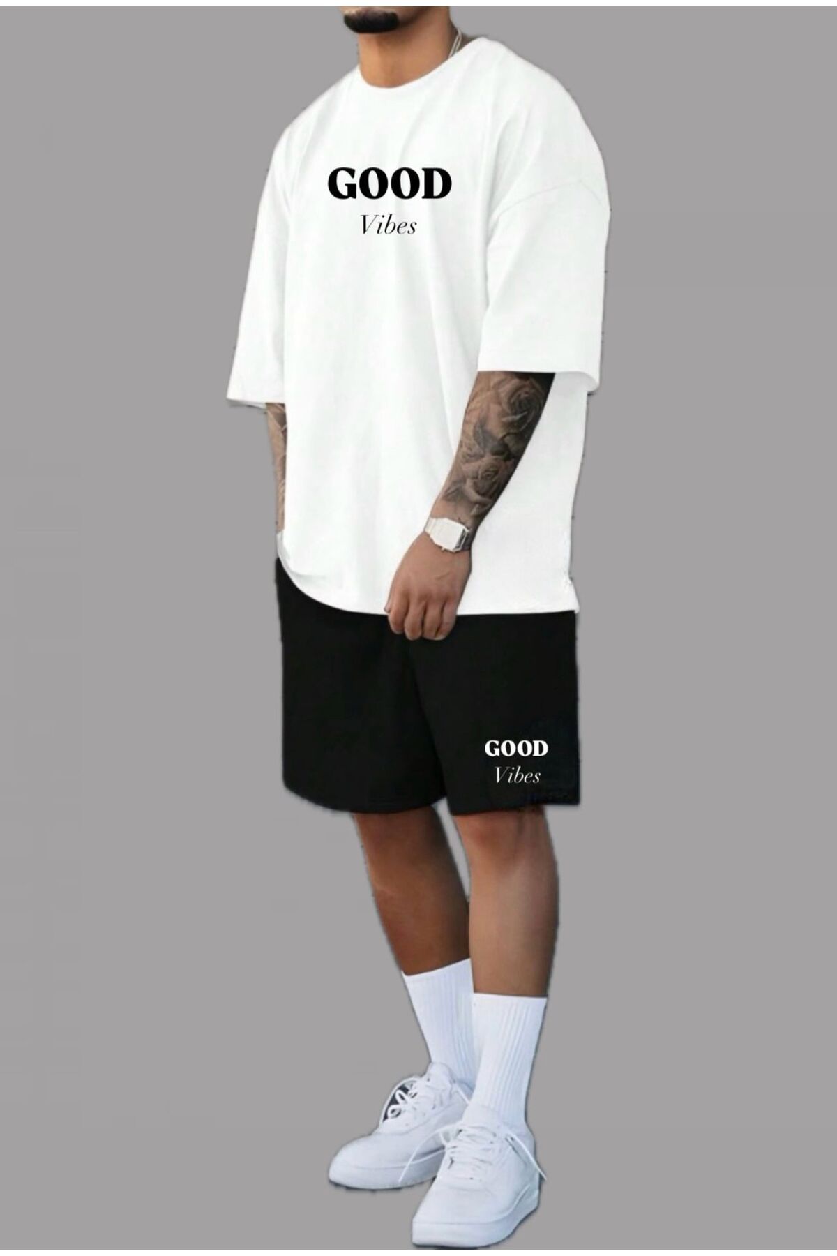 woonkey UNISEX GOOD VİBES BASKILI BİSİKLET YAKA ŞORT TİŞÖRT 2'Lİ TAKIM YENİ SEZON
