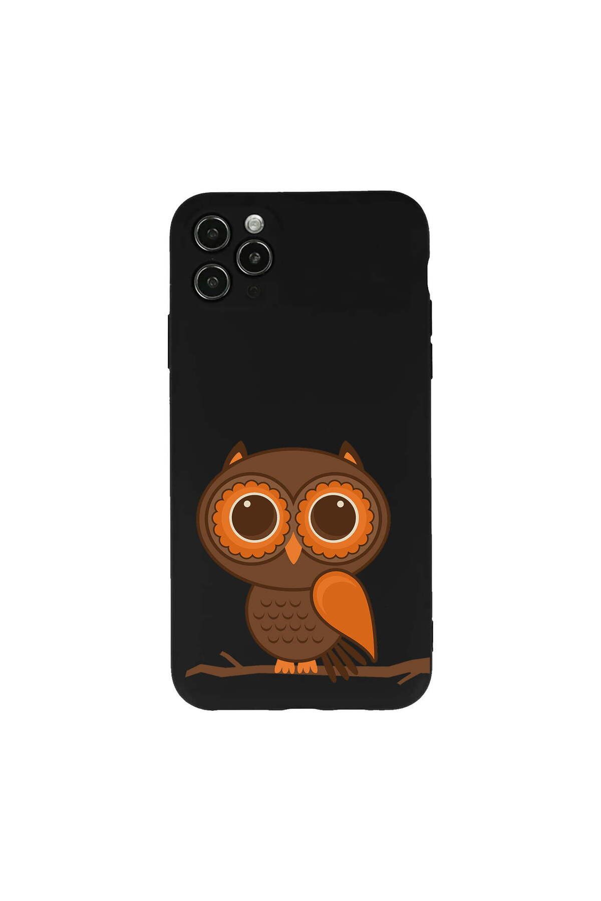PrintiFy iPhone 11 Pro ile Uyumlu Baykuş (0214a) Tasarımlı Siyah Lansman Silikon Kılıf