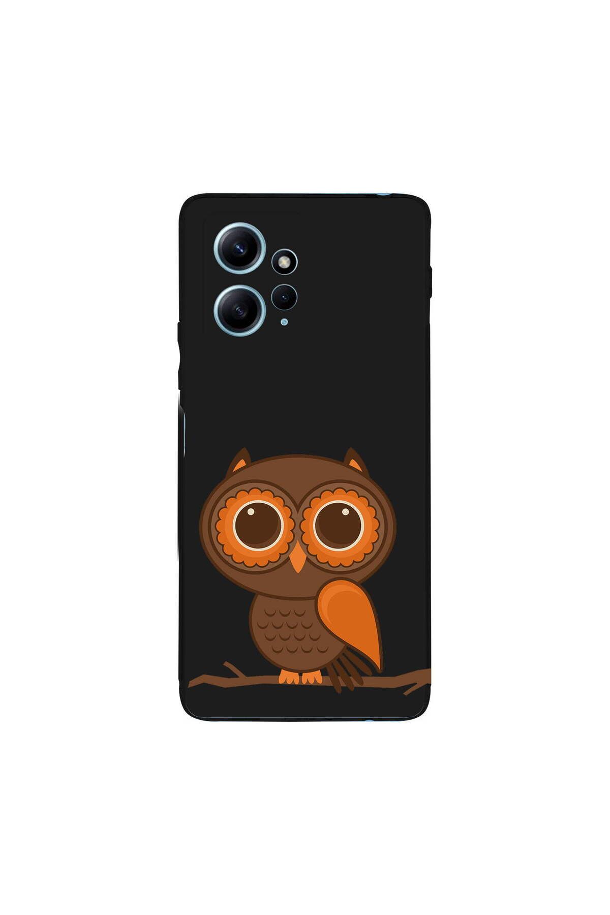 PrintiFy Xiaomi Redmi Note 12 4G ile Uyumlu Baykuş (0214a) Tasarımlı Siyah Lansman Silikon Kılıf