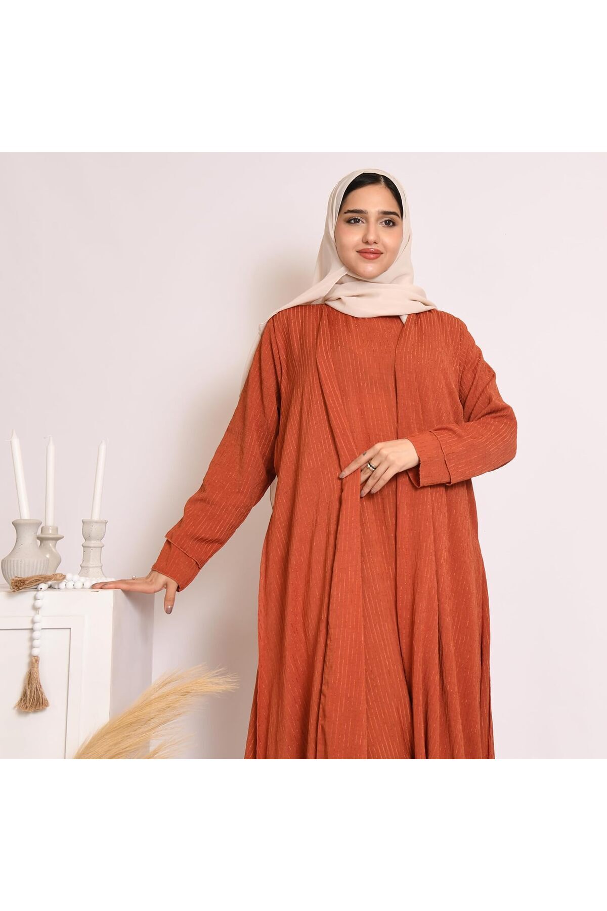 HAWRAA-Wrap Quarter Klush Abaya in Orange with Striped Fabric and Dress Set 4