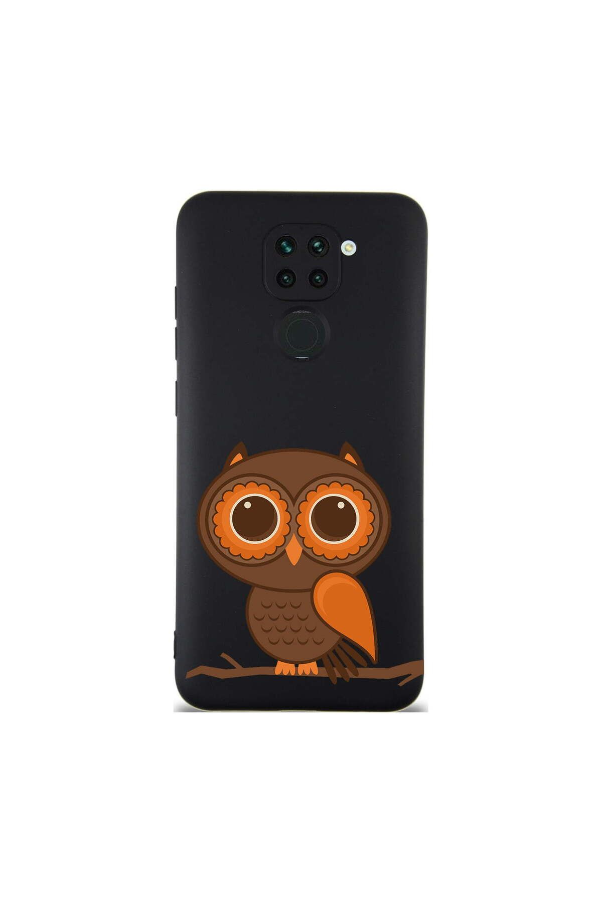 PrintiFy Xiaomi Redmi Note 9 ile Uyumlu Baykuş (0214a) Tasarımlı Siyah Lansman Silikon Kılıf