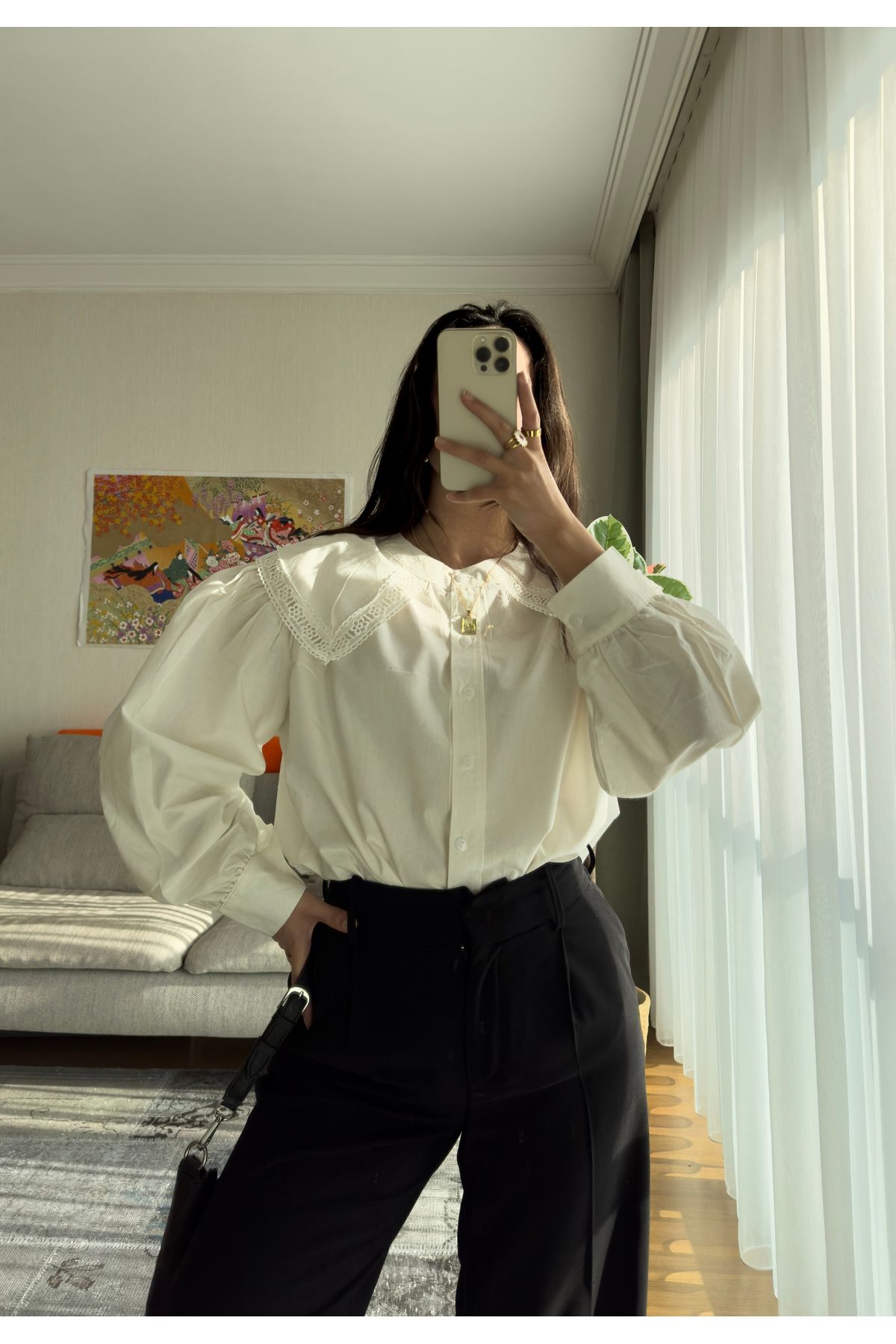 miyuko Kadın Bebek Yaka Dantel İşlemeli Gömlek