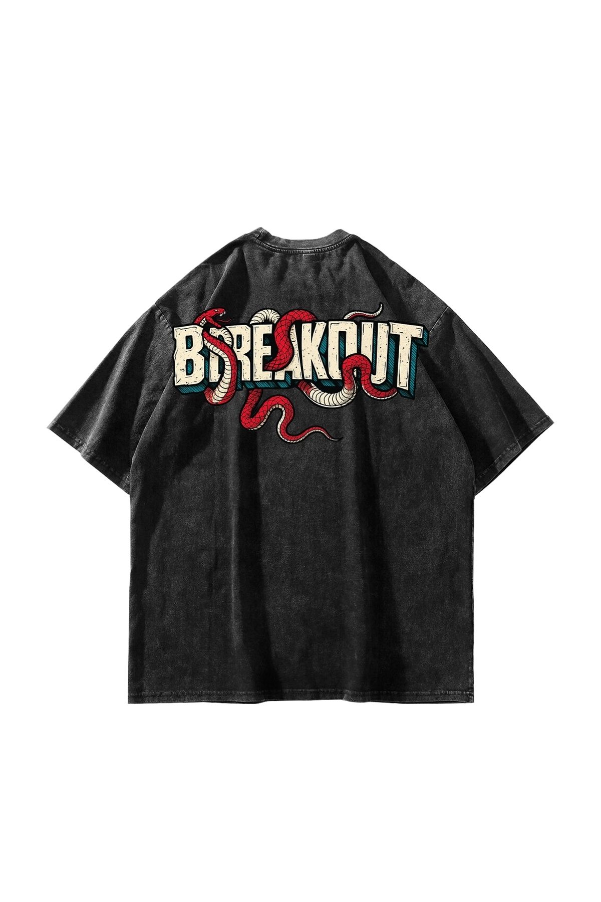 Bak Moda Breakout Baskılı Oversize Unisex Yıkamalı Siyah Tshirt