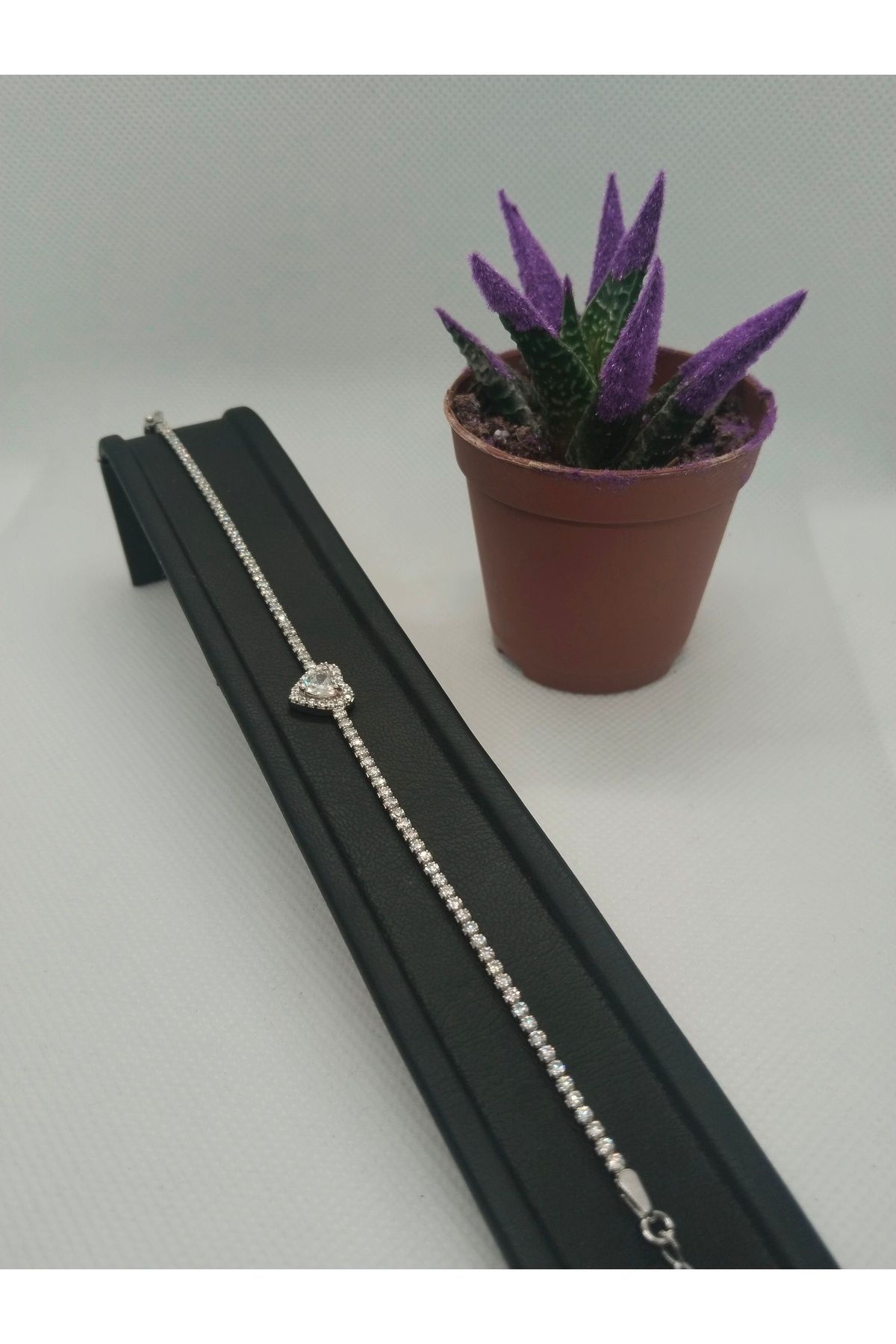 MehVa Silver 925 ayar gümüş zirkon taş rodyum kaplama kalpli su yolu kadın bileklik
