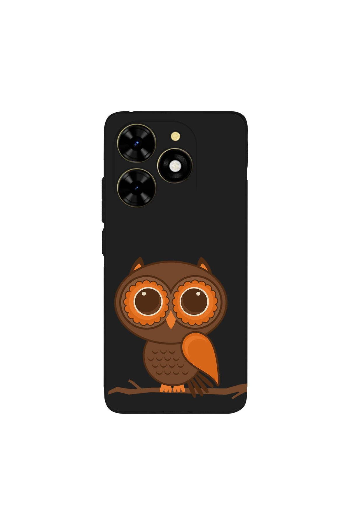 PrintiFy Tecno Spark 20 ile Uyumlu Baykuş (0214a) Tasarımlı Siyah Lansman Silikon Kılıf