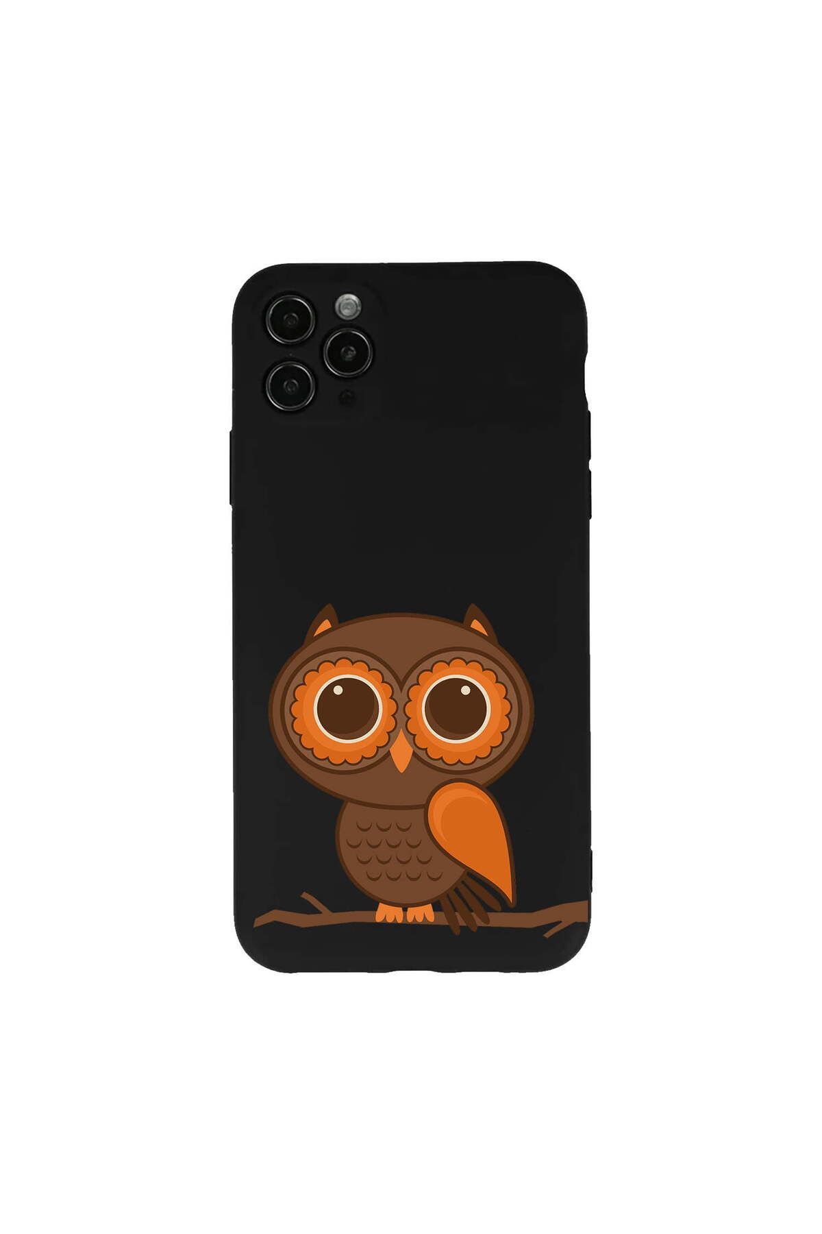 PrintiFy iPhone 11 Pro Max ile Uyumlu Baykuş (0214a) Tasarımlı Siyah Lansman Silikon Kılıf