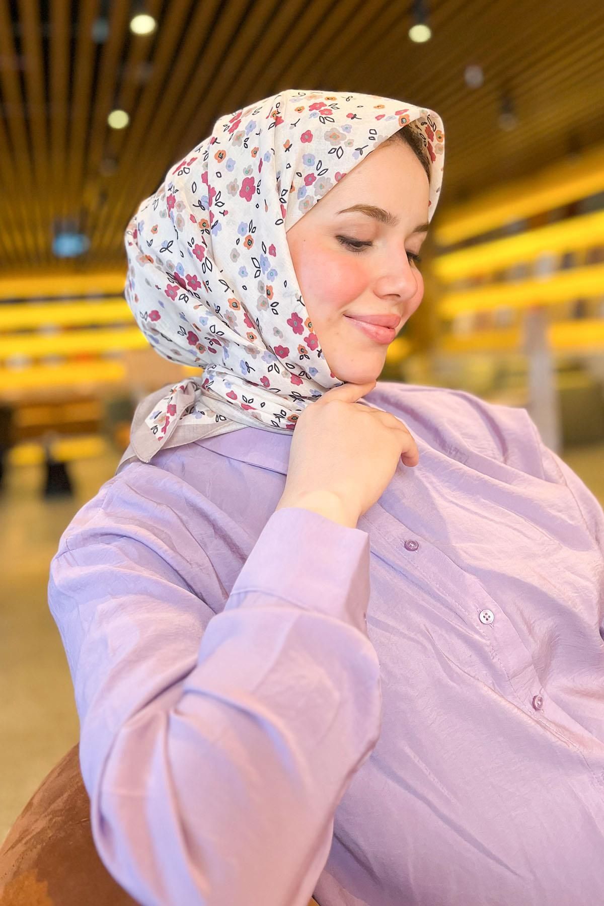 Sultan Eşarp Sultan Fresh Pamuk Eşarp - Çıtır Çiçek Deseni - SFE005-01 - Vizon, Pembe
