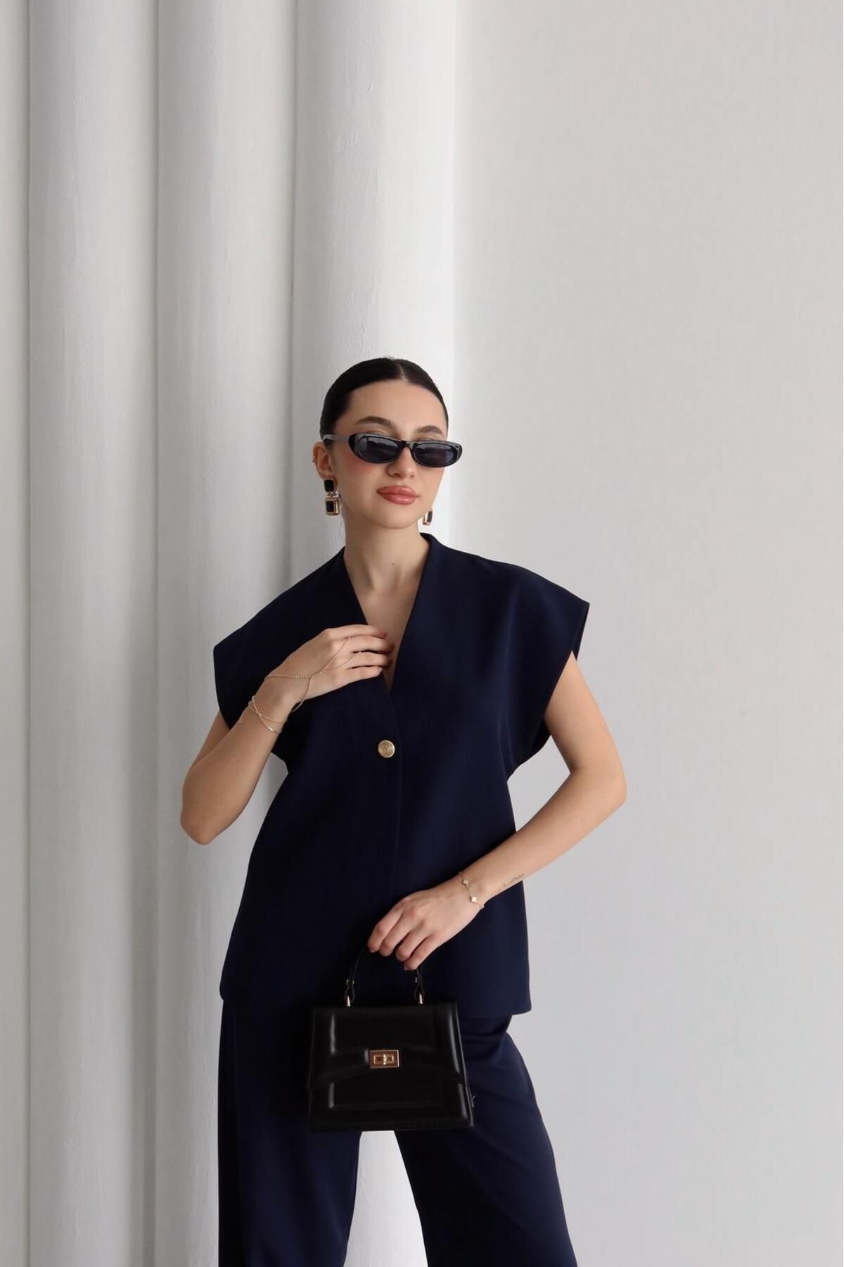 Ekim Store Gold Düğmeli Yelek Pantolon İkili Blazer Takım