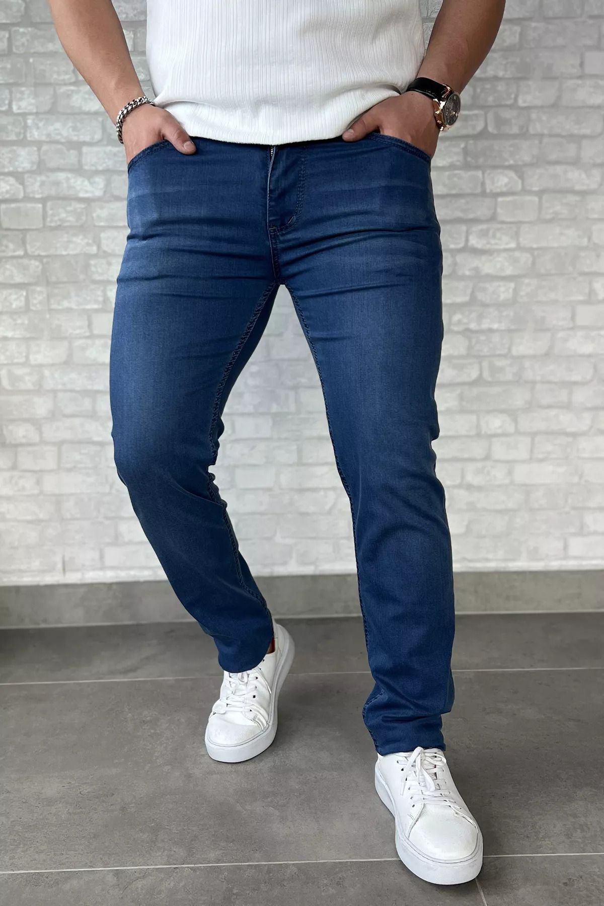MİSHAR İTALİA Mavi Erkek Fermuarlı Likralı Jean Kot Pantolon