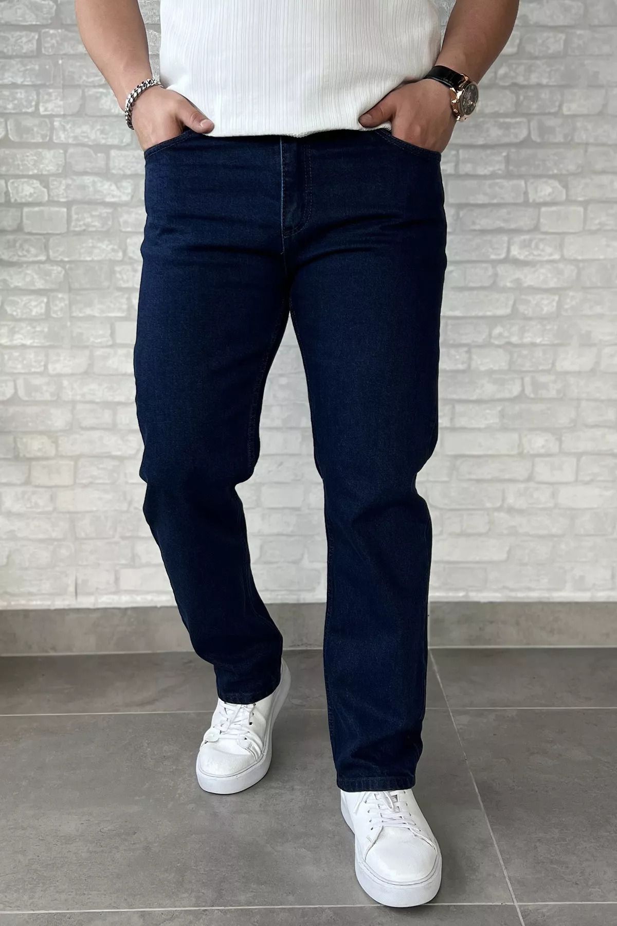 MİSHAR İTALİA Koyumavi Erkek Fermuarlı Likralı Jean Kot Pantolon