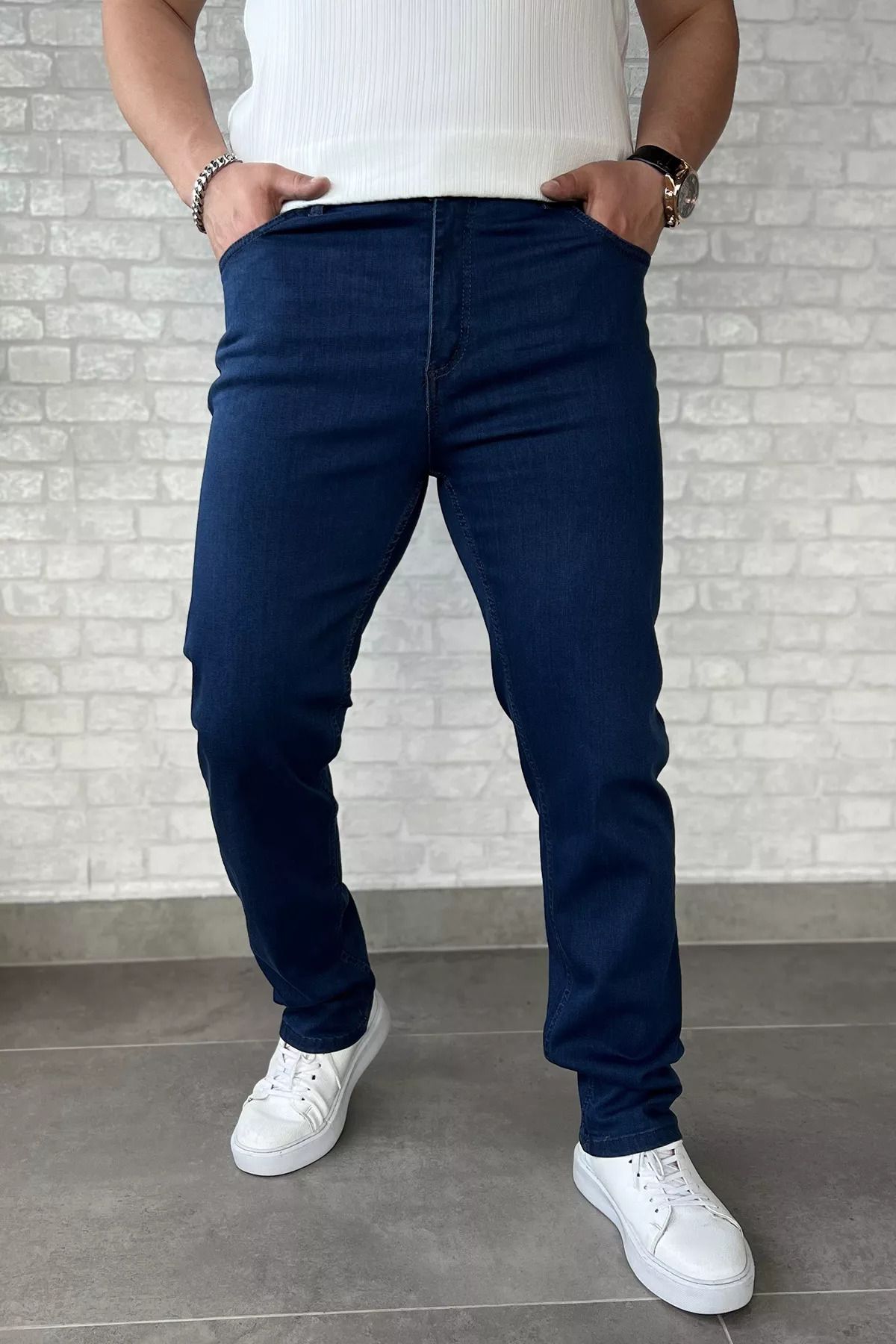 MİSHAR İTALİA Mavi Erkek Fermuarlı Likralı Jean Kot Pantolon