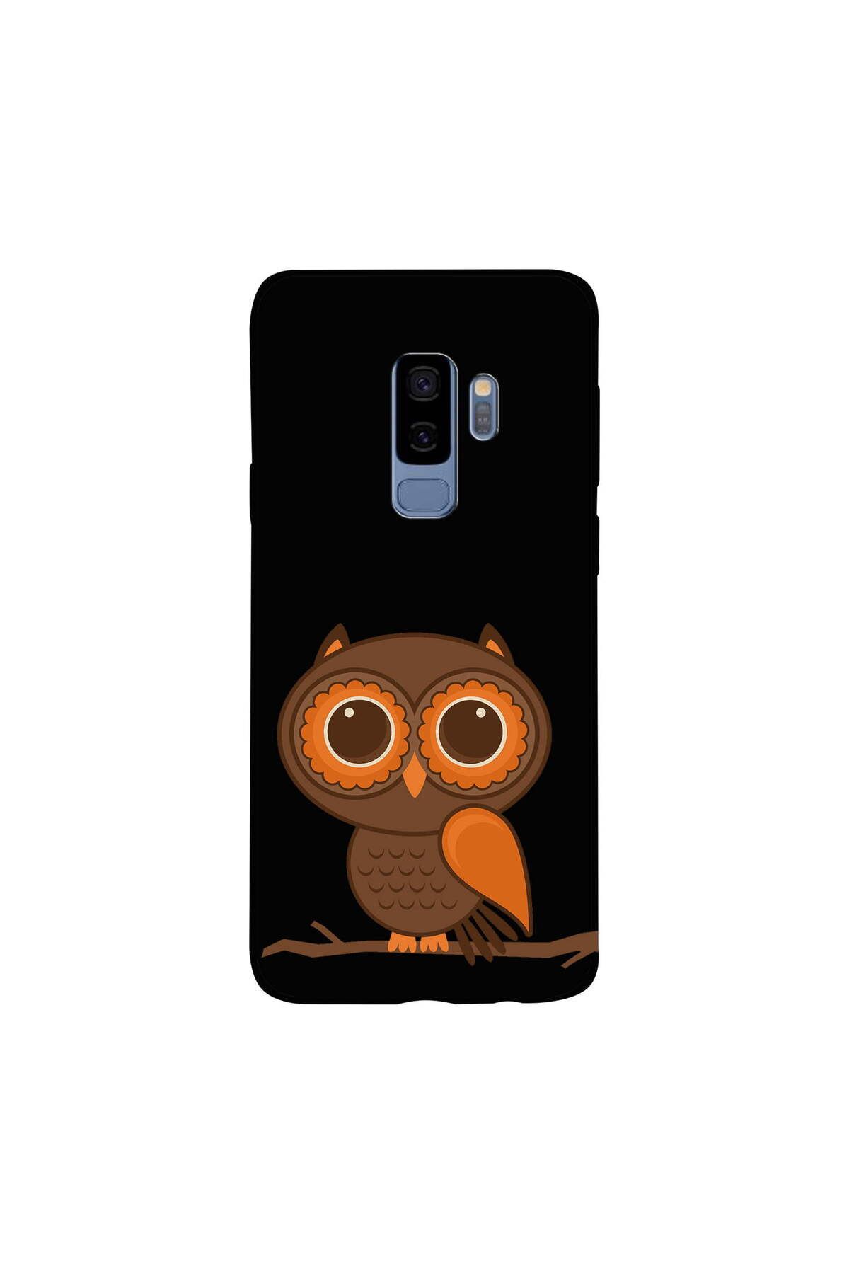 PrintiFy Samsung Galaxy S9 Plus ile Uyumlu Baykuş (0214a) Tasarımlı Siyah Lansman Silikon Kılıf