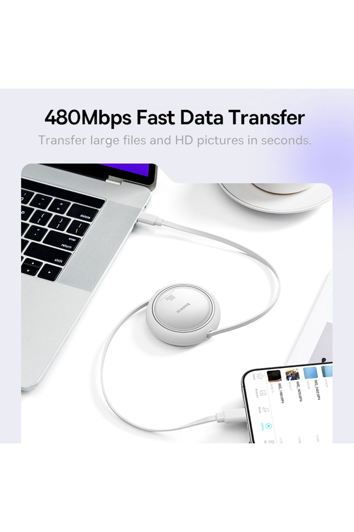 Baseus-Baseus 100W Free2 Draw Mini Both-Way Retractable USB-C to USB-C Fast Charging Data Cable 1M - White 5